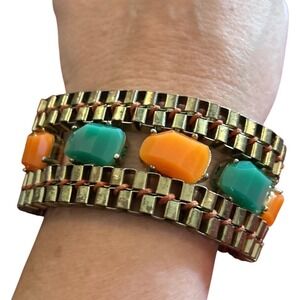 Boho Brass Link Bracelet Green Orange‎ Stones Magnetic Clasp